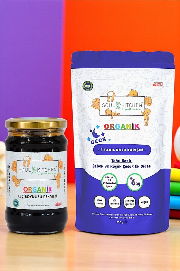 Soul Kitchen Organik Ürünler Organik B1 Vitaminli 3 Tahıl Unlu Gece Maması ** Organik Keçiboynuzu Pekmezi 380gr