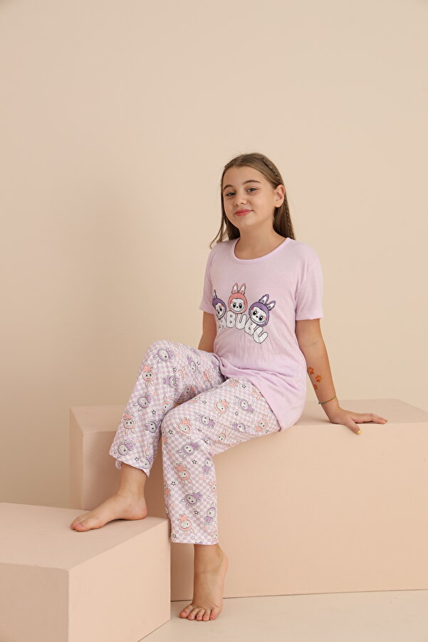 rindahomewear KIZ ÇOCUK LABUBU BASKILI MOR KISA KOL PİJAMA TAKIMI