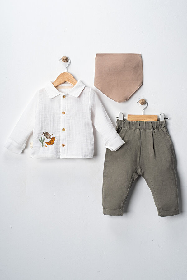 Lamonde Müslin 3’lü Kovboy Takım - Uzun Kollu Gömlek, Pantolon ve Yakalık - 9 - 24 Ay