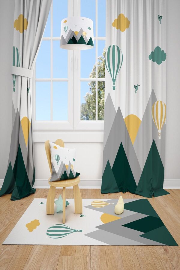 Talia Home Yeşil Kuş Vadisi Dağ Desenli Çocuk Ve Bebek Odası Fon Perdesi 2 Kanat Tla-299
