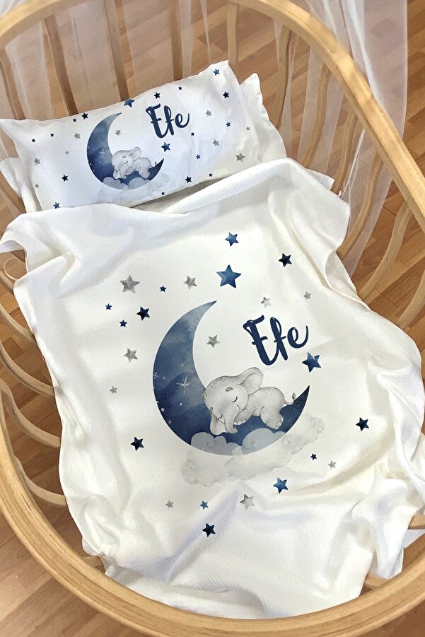 Homamia Isme Özel Pike Seti 70x120 Anne Yanı Ve Park Yatak Mavi Aydaki Fil