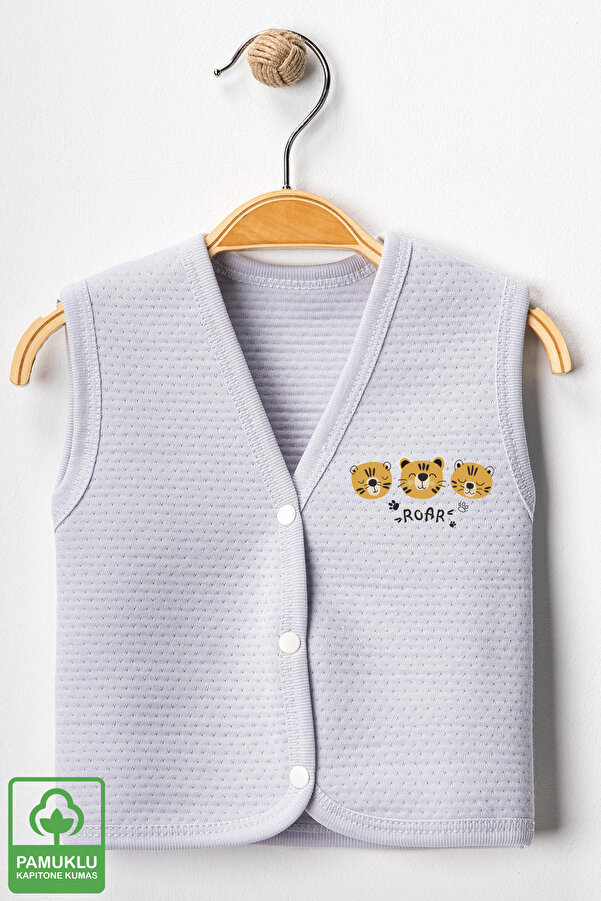 Miniel Erkek Bebek Tiger Baskılı Organik Pamuklu 3-6-9 Ay Kapitone Bebek Yelek