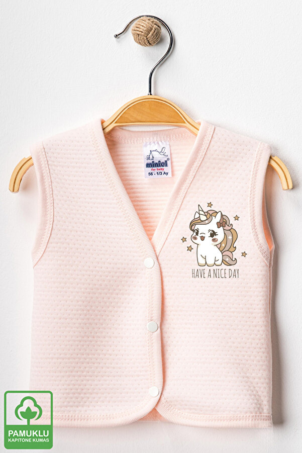 Miniel Kız Bebek Princess Baskılı Organik Pamuklu 3-6-9 Ay Kapitone Bebek Yelek