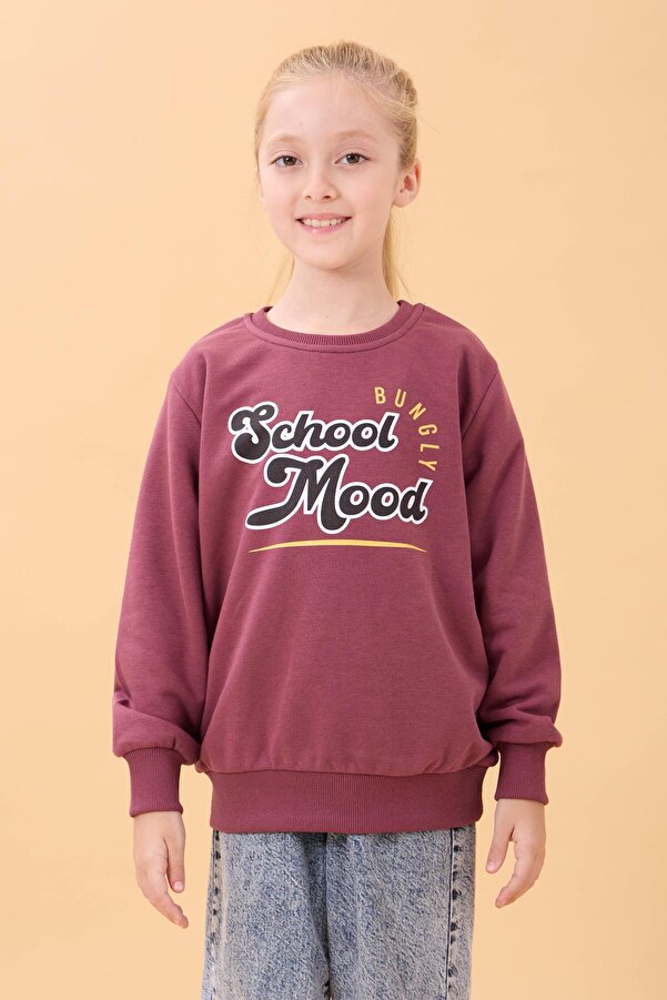 Perendi Erkek ve Kız Çocuk Okul Baskılı Bisiklet Yaka Mevsimlik Sweatshirt Gülkurusu