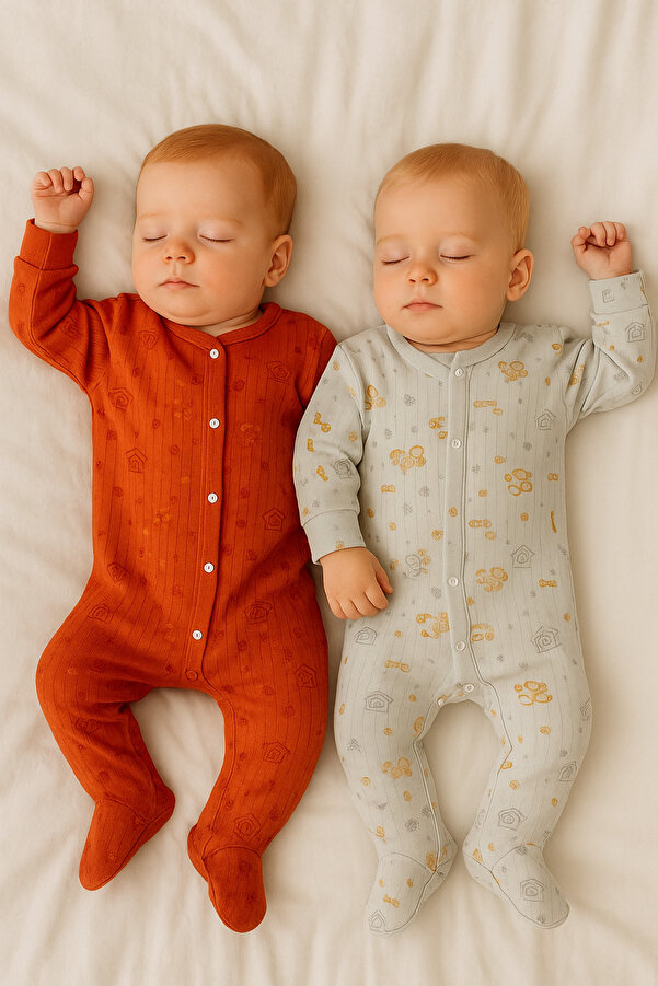 Vivolas %100 Organik Pamuk Bebek Tulum 2’li Set Gri & Kiremit Uzun Kollu