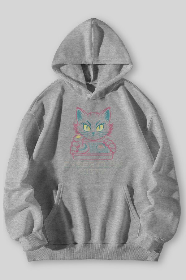 Harmandar Cyber Claw Kitty Printed Unisex Black Gray Kangaroo Pocket Hooded Sweatshirt Hoodie