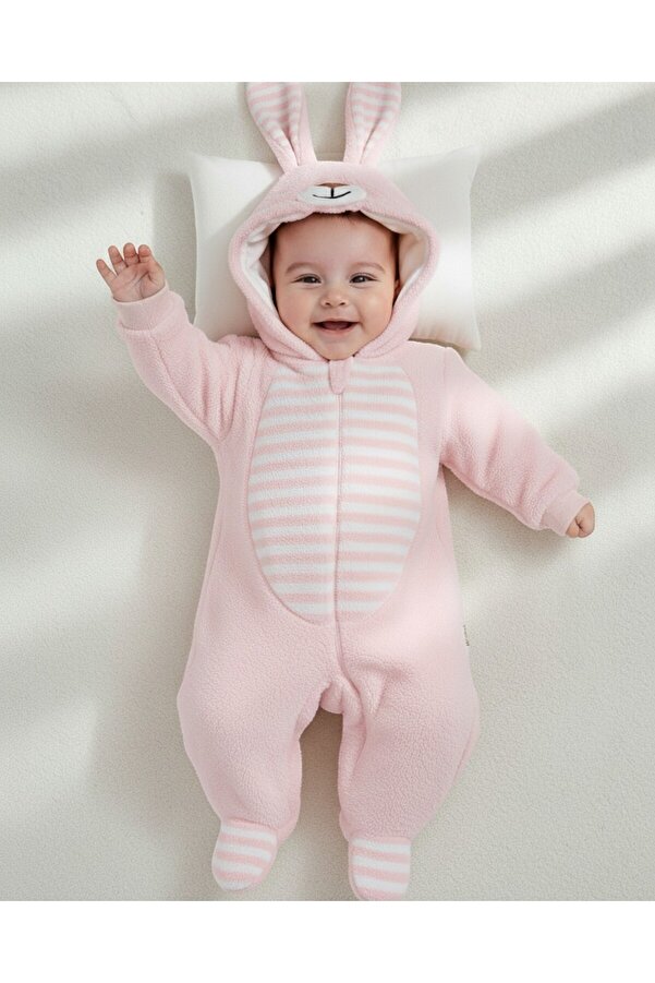Egelite Kız Bebek 0-9 Ay Kapüşonlu Kulak Detaylı Tavşan Temalı Fermuarlı Welsoft Kışlık Kalın Tulum