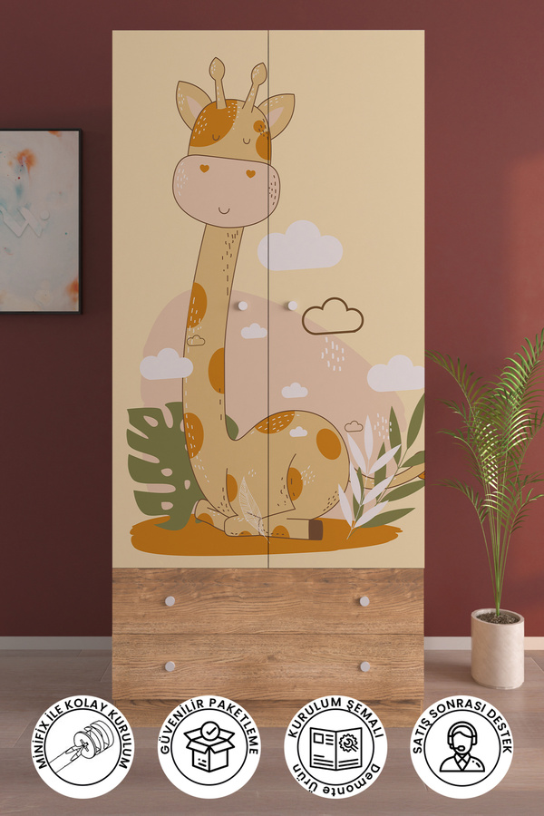 Hediyeler Kapında Çocuk Odası 2 Kapaklı Cute Giraffe Gardırop 5 Raflı 2 Çekmeceli Askılı Elbise Dolabı