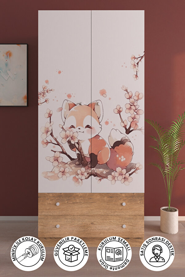 Hediyeler Kapında Çocuk Odası 2 Kapaklı Spring Fox Gardırop 5 Raflı 2 Çekmeceli Askılı Elbise Dolabı Beyaz Ahşap