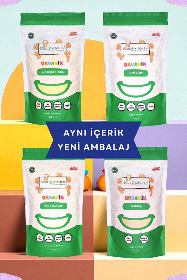 Soul Kitchen Organik Ürünler Organik Sertifikalı İnce İrmik Pirinç Unu Tarhana Tam Yulaf Unu Bebek Beslenmesine Uygun Set 4x250 g