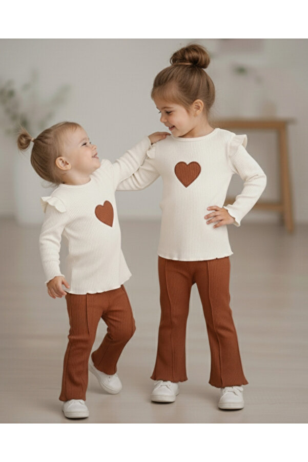 Ege Bebek Kız Bebek Kalp Nakışlı Ispanyol Paçalı Ribana-Fitilli Kumaş Mevsimlik 2li Takım