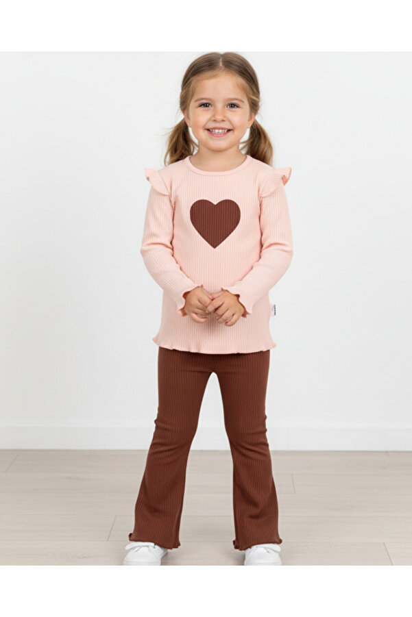 Ege Bebek Kız Bebek Kalp Nakışlı Ispanyol Paçalı Ribana-Fitilli Kumaş Mevsimlik 2li Takım