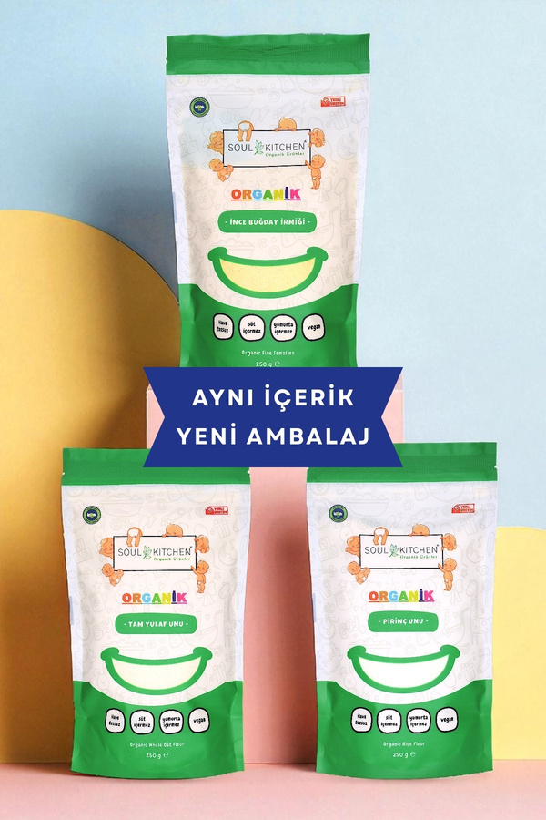 Soul Kitchen Organik Ürünler Organik Sertifikalı İnce İrmik Pirinç Unu Tam Yulaf Unu Set 3x250 g Bebek Beslenmesine Uygun