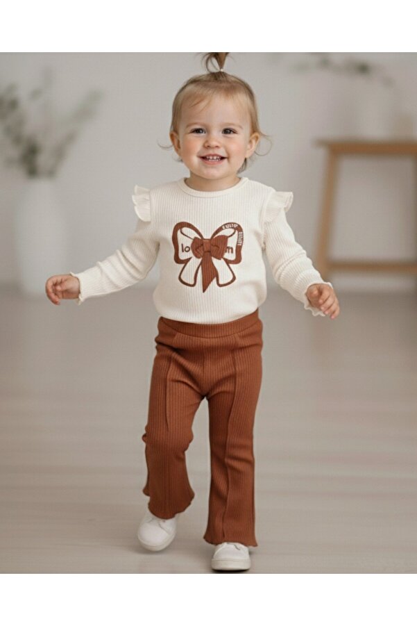 Ege Bebek Kız Bebek Ispanyol Paçalı Fiyonk Aksesuarlı  Ribana-Fitilli Kumaş Mevsimlik 2li Takım