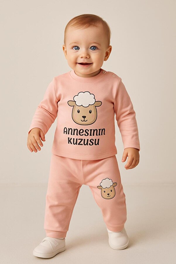 nevrankids Bebek Kuzucuk Baskılı İkili Takım - Annesinin Kuzusu - Pembe