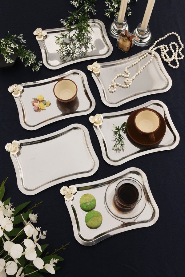 AKSESUAR EVRENİ Naldo Italian Model Silver Stone Detailed 6-Piece Presentation Tray Silver