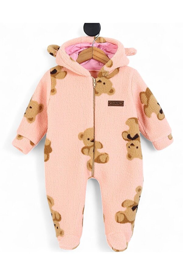 Ege Bebek 6-9 Aylık Ayıcıklar Baskılı Fermuarlı Kışlık Welsoft Peluş Kapşonlu Tulum , Ayakları Kapalı