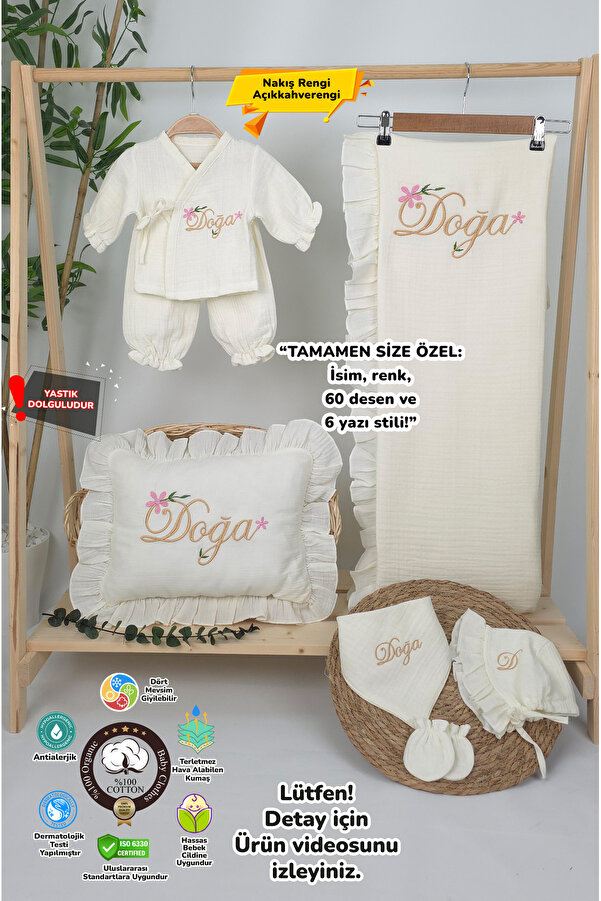 gros shop Yeni Doğan %100 Pamuk Müslin Hastane Çıkış Mevlüt Seti-Takı Yastık(Kişiye Özgü İsimli Nakış Desenli)