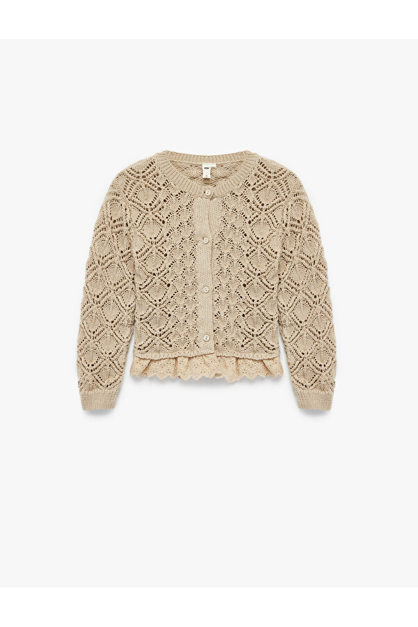 Koton Uzun Kollu Ajurlu Fırfırlı Düğmeli Bisiklet Yaka Triko Hırka