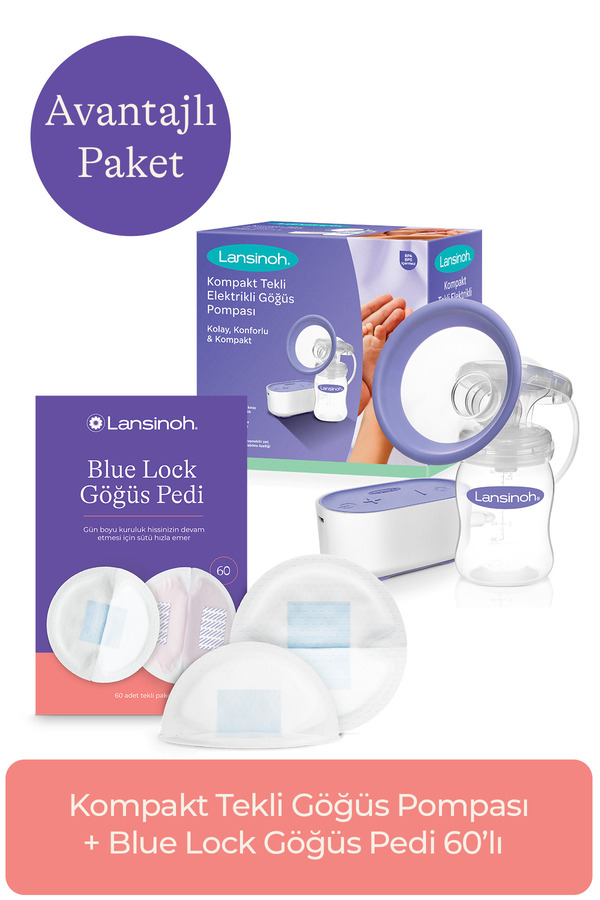 LANSINOH Kompakt Tekli Elektrikli Göğüs Pompası Avantaj Seti (+Blue Lock Göğüs Pedi 60 adet)