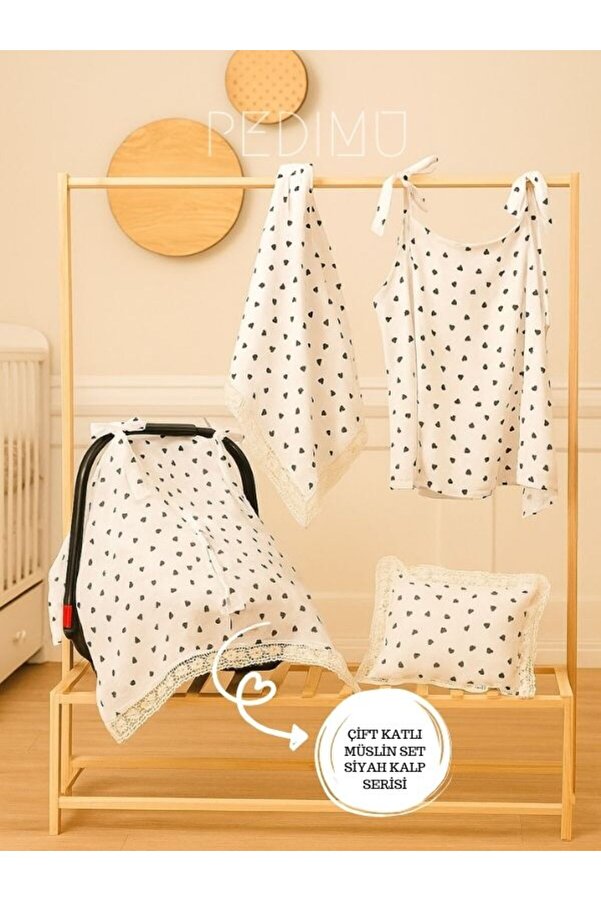 Pedimu Fistolu Çift Kat Müslin 5’li Set Puset Örtüsü+Minderi+Emzirme Örtüsü+Çok Amaçlı Örtü+Bebek Yastığı