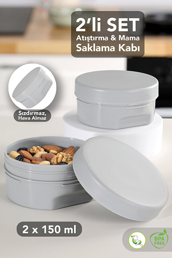 Meleni Baby 2'li Kapaklı Atıştırma Kabı Seti - Yuvarlak Çocuk Atıştırmalık Bebek Beslenme Mama Kabı 150ml Gri