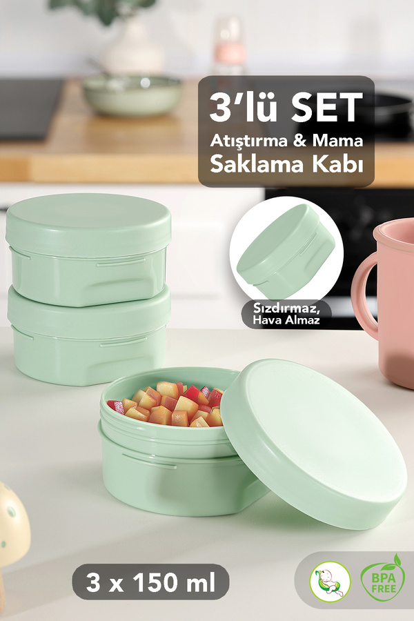 Meleni Baby 3'lü Kapaklı Atıştırma Kabı Seti - Yuvarlak Çocuk Atıştırmalık Bebek Beslenme Mama Kabı 150ml Yeşil