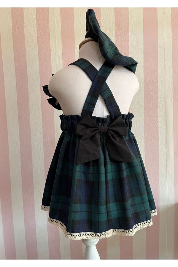 Eylülce Butik Kız Bebek & Kız Çocuk Yeşil Ekoseli Salopet Elbise & Ressam Şapkası & Toka Takım (%100 Pamuk Kumaş)