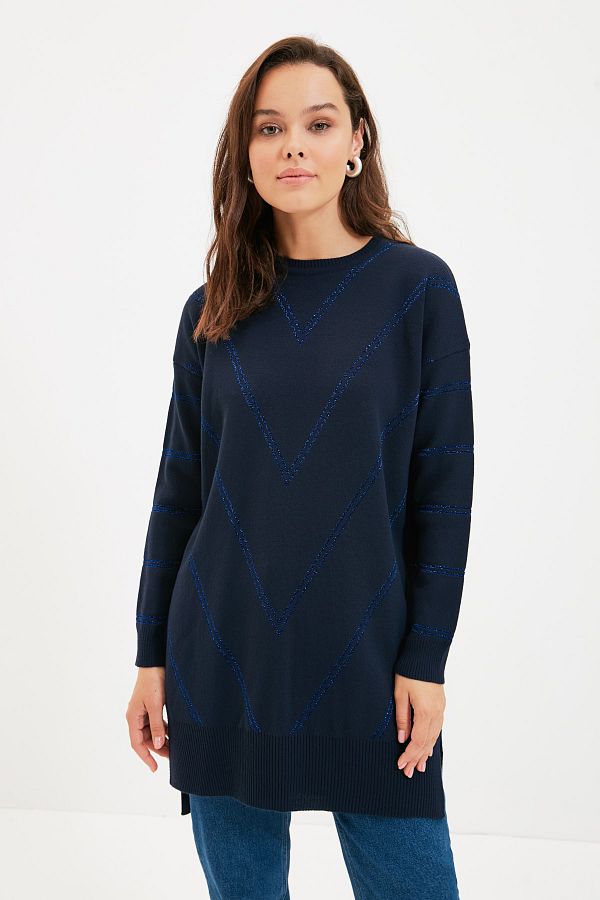 Trendyol Modest-Pulover lung din tricotaje cu sclipici albastru bleumarin TCTAW22AK0129 1