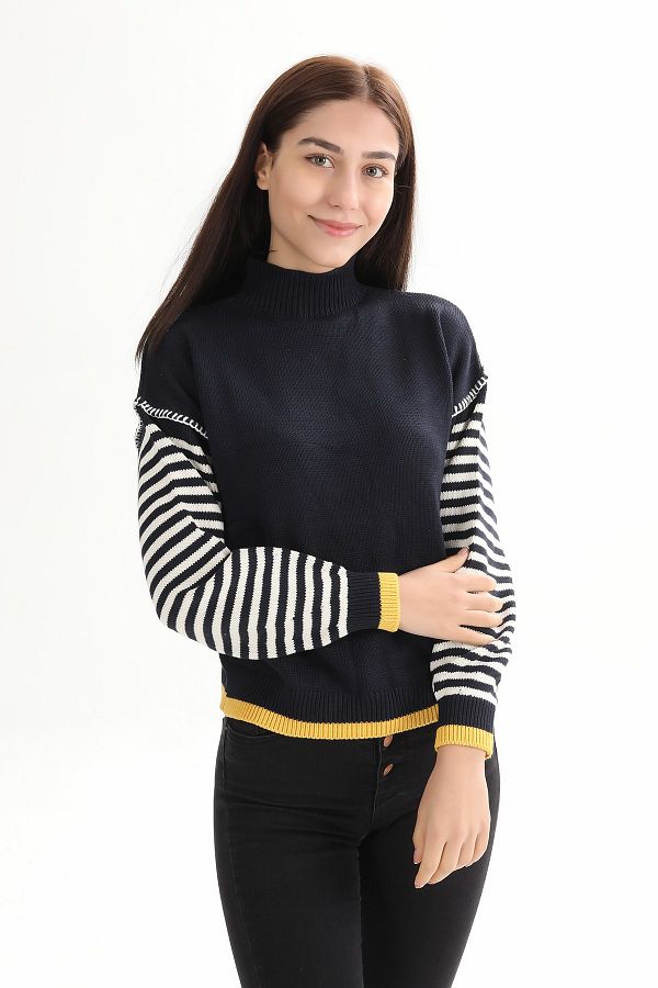 TopShop-Navy Blue Women's Sweater with Striped Sleeves 1