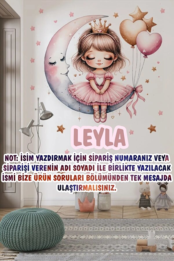 Kt Grup İsme Özel - Kişiselleştirilebilir Ayda Oturan Sevimli Kız Çocuk Odası Duvar Sticker Seti
