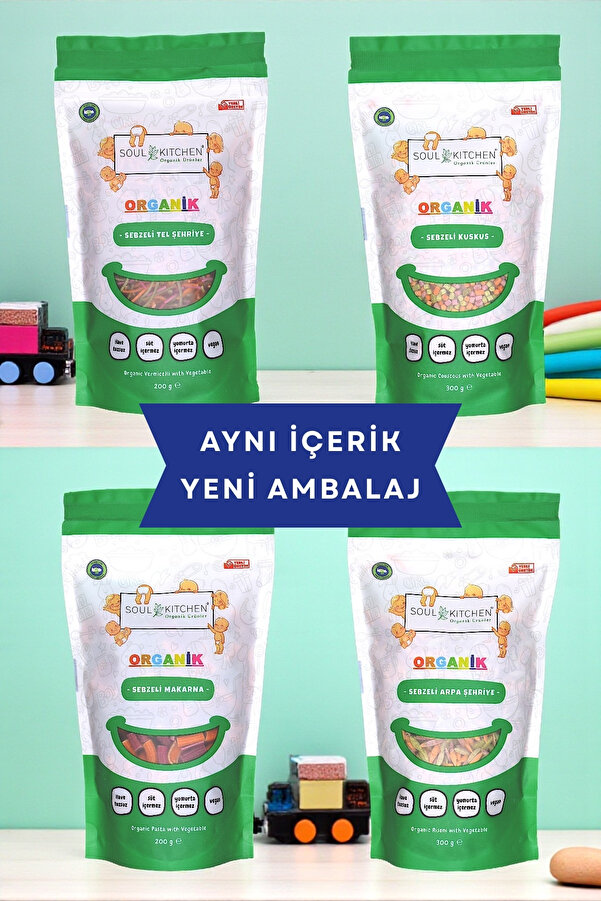 Soul Kitchen Organik Ürünler Organik Sertifikalı Sebzeli Tel Şehriye Makarna Arpa Şehriye Kuskus Set İlave Tuzsuz Analizli