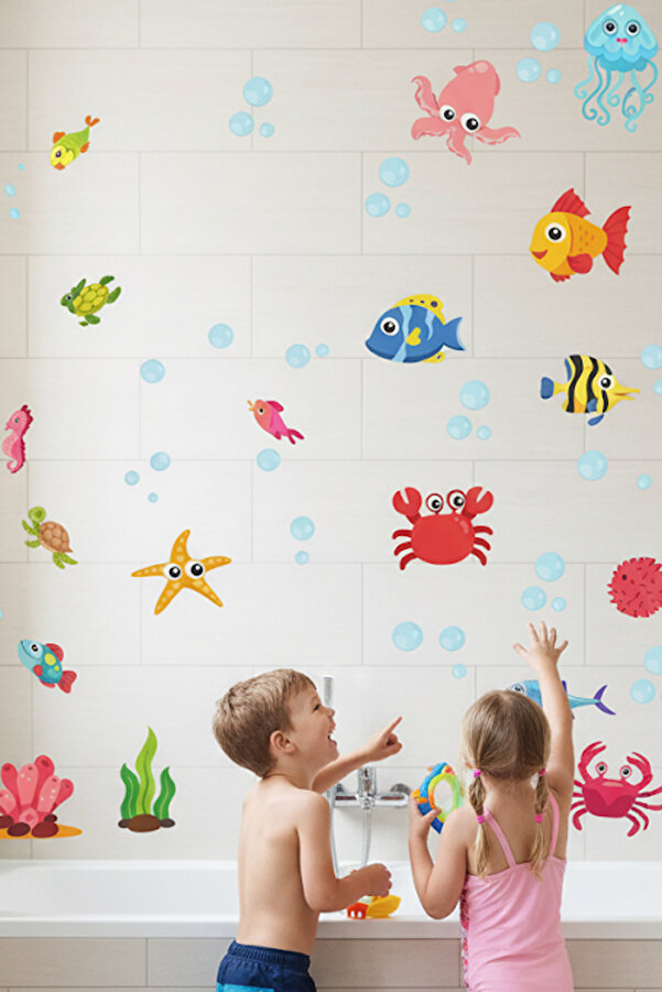 Kt Grup Su Altı Dünyası Deniz Canlıları Balık, Yengeç, Ahtapot 50 Adet Duşa Kabin Banyo Duvar Sticker