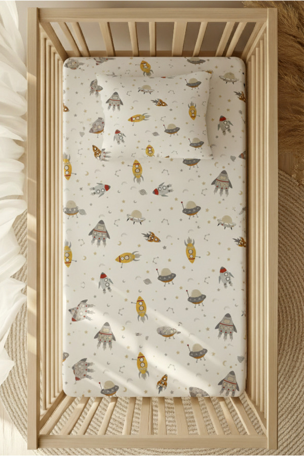 pistore %100 Pamuk Ranforce Lastikli Çarşaf Seti - Uzay Desenli Park Yatak 70x120 35x45