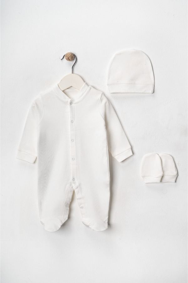 DEFNE LİNA BABY Yenidoğan 3 Parça Patikli Tulum Eldivenli Şapkalı Kız Bebek Erkek Bebek Tulum