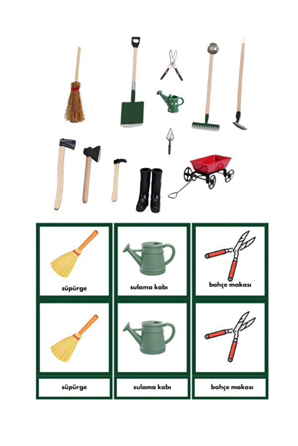Ada Montessori bahçe araç gereçleri objeleri ve 3 aşamalı kartları