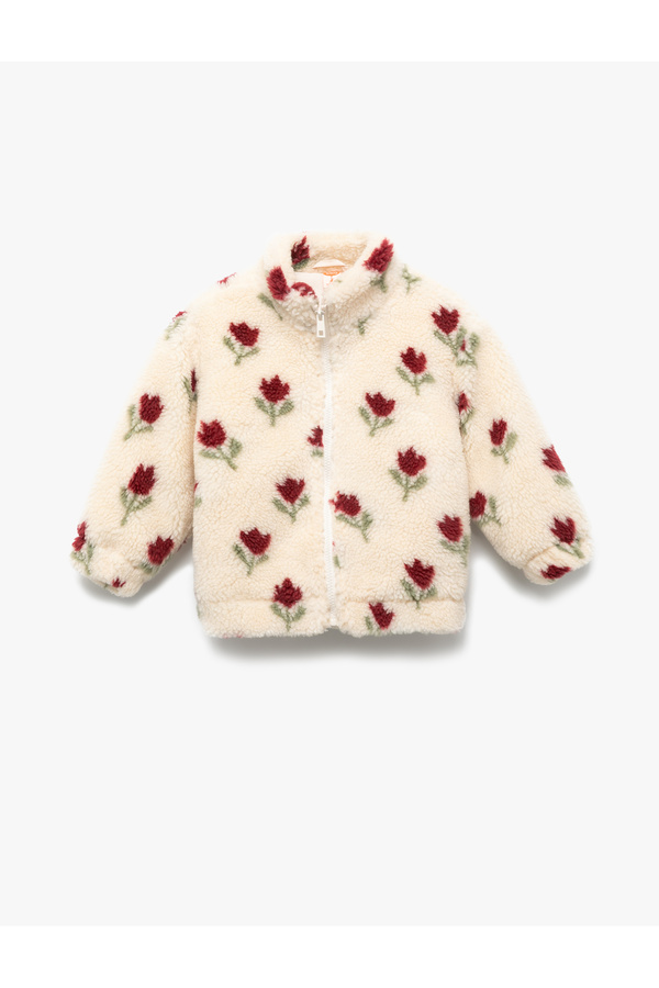 Koton Fermuarlı Dik Yaka Uzun Kollu Çiçekli Polar Ceket