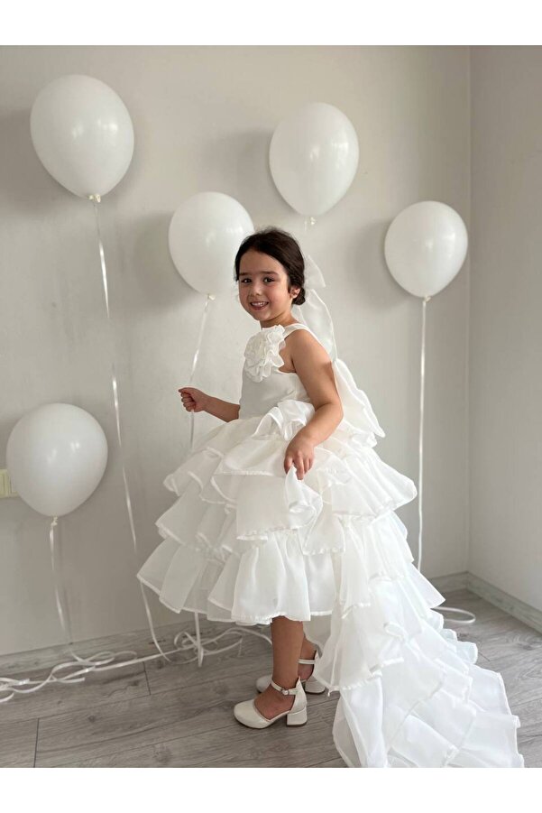 Sare Çocuk Giyim Kız Çocuk Krem Çıkarabilir Kuyruklu Sürünen Elbise Doğum Günü Kabarık Abiye + Toka + Çanta