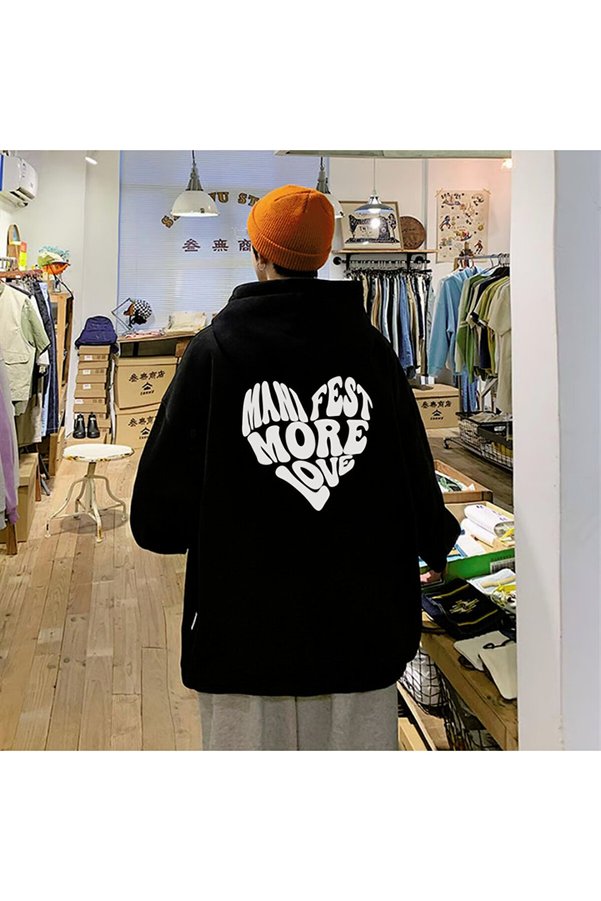 Le Savu Manifest More Love Printed Black Color Hooded Sweatshirt