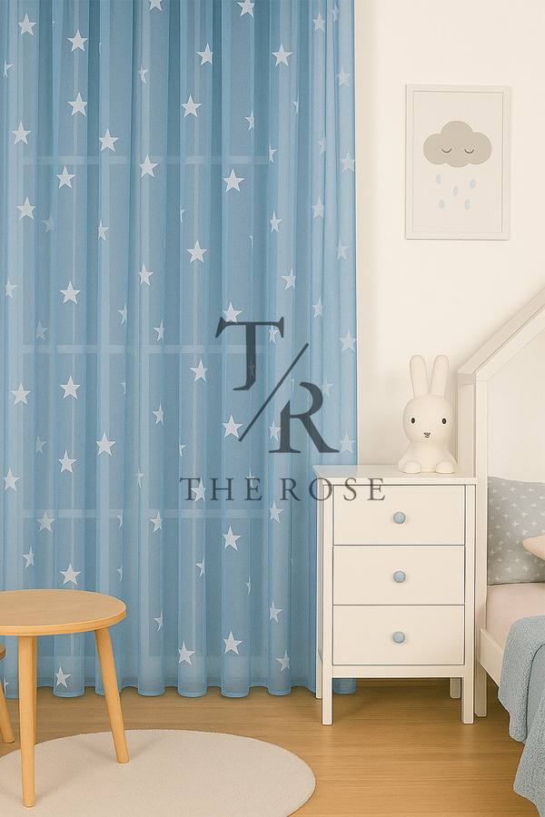 The Rose Mavi Yıldızlı Tül Perde, Erkek Çocuk Odası, Sık Pile, Düz, Sade, Tül Perde, Kornişli, Mavi