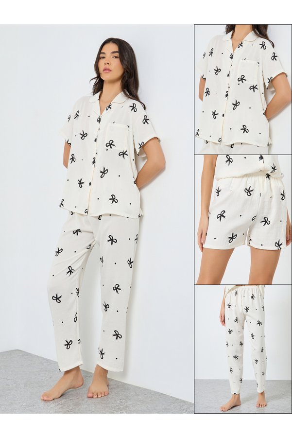 Take Two By Styli Pack of 3 - Bow Print Cotton Shirt, Shorts and Pyjama