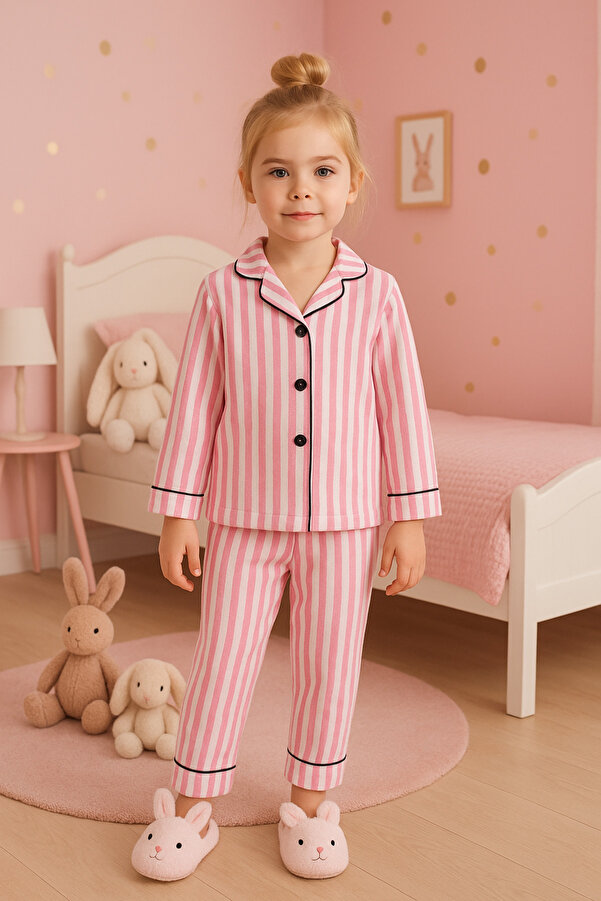 EYZ KIDS Pembe Çizgili Kız Çocuk Pijama Takımı