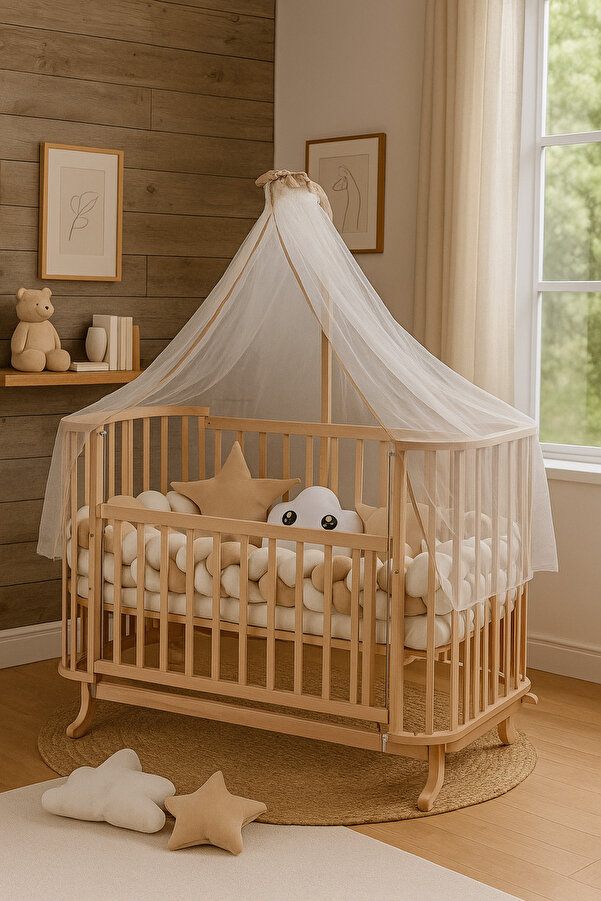 BebeK on For Mabela Beşik Ahşap Kahverengi Krem Örgü Koruma Set Ile
