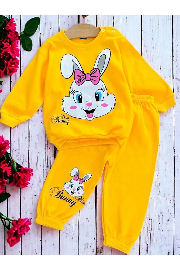 Ege Bebek Kız Bebek Mevsimlik Uzun Kollu Sevimli Tavşan Baskılı Sweathirt Alt Üst Takım
