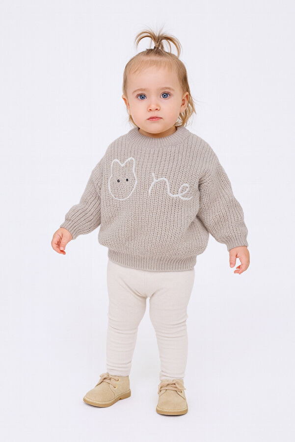 Minora Triko Oversize Selanik Örgü Nakışlı Bebek Kazak  Bej