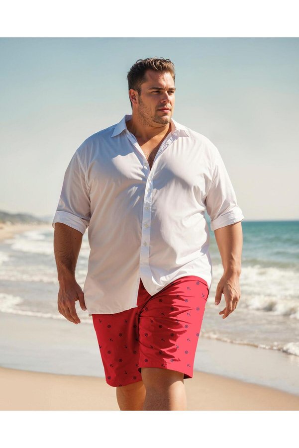 Miami Beach Men's Plus Size Red Marine Printed Standard Size Swimsuit Sea Shorts