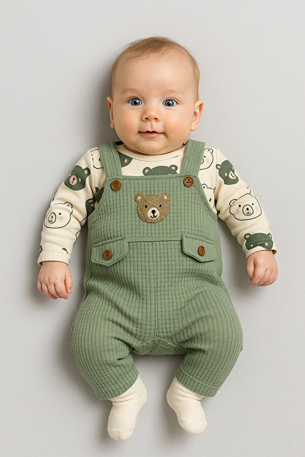 NAFİTTO Ayı Nakışlı Erkek Bebek Tulum 3’lü Tulum Seti – Zıbın, Tulum Ve Çorap | 3-6-9 Ay Bebek Kıyafeti