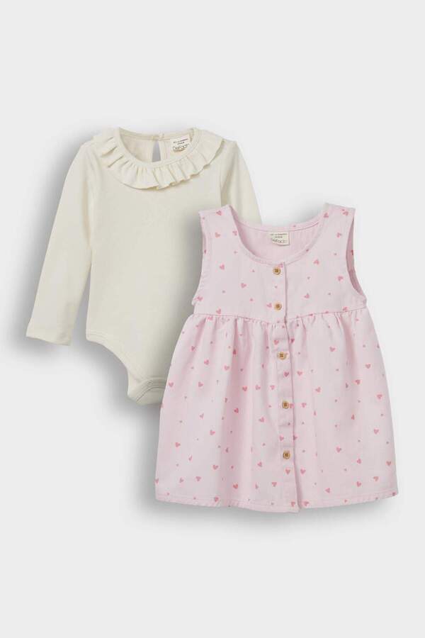 Defacto 2'li Takım Çıtçıtlı Uzun Kollu Body Kalp Desenli Elbise Kız Bebek F4636A525AU