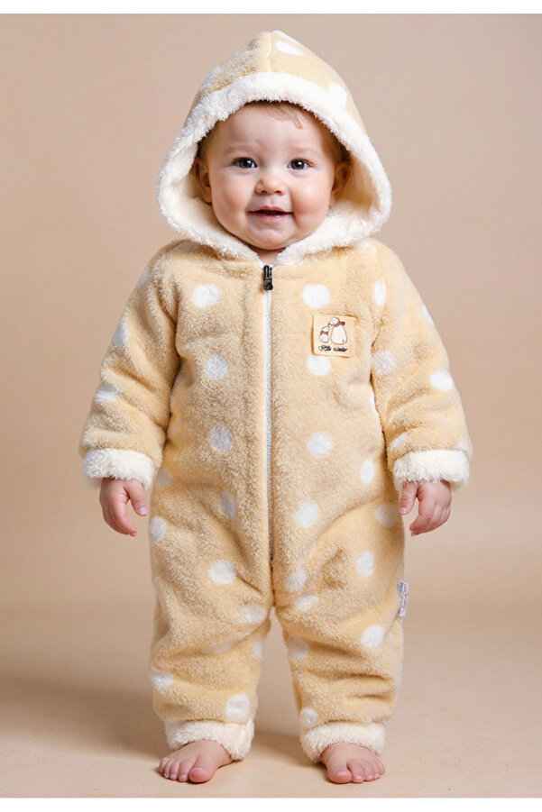 Tuabella Wellsoft Kapüşonlu Fermuarlı Kışlık Bebek Tulum Puantiyeli
