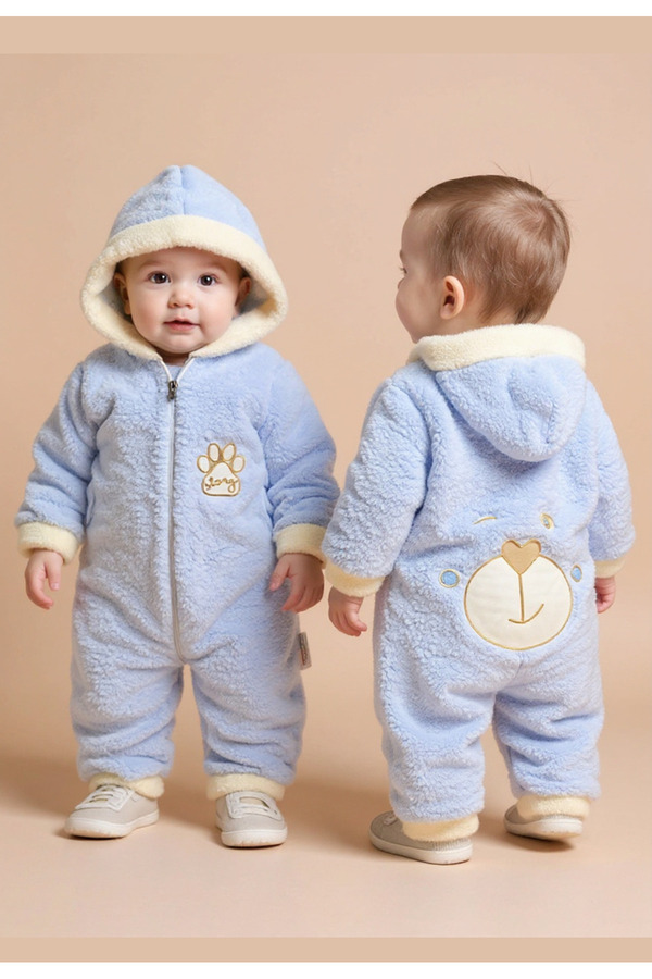 Tuabella Wellsoft Kapüşonlu Fermuarlı Kışlık Bebek Tulum Nakışlı